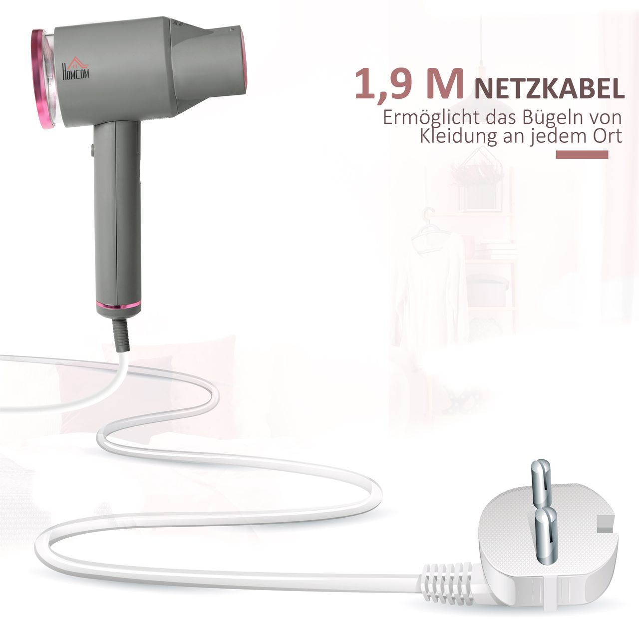 HOMCOM Dampfglätter Dampfbürste faltbar Kleidung Hemden Dampfbügeleisen mit 160 ml Wassertank 1520 W schnelles Aufheizen Aluminium Kunststoff Grau Rosa 27,5 x 18,2 x 9 cm
