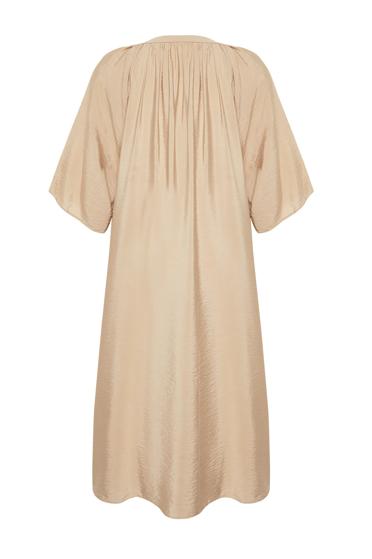 Trendyol Modest  Kamelfarbenes Aerobin-Kimono- und Kaftan-Kleid mit V-Ausschnitt und halblangen Ärmeln TCTSS24KK00002