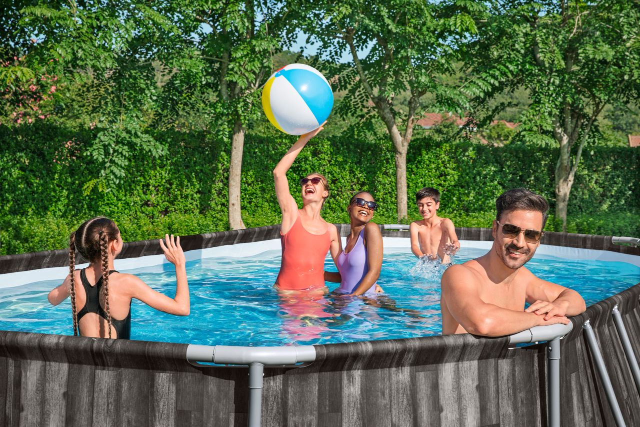 Bestway Power Steel™ Frame Pool Komplett-Set mit Filterpumpe, Holz-Optik (Mooreiche), oval 610 x 366 x 122 cm