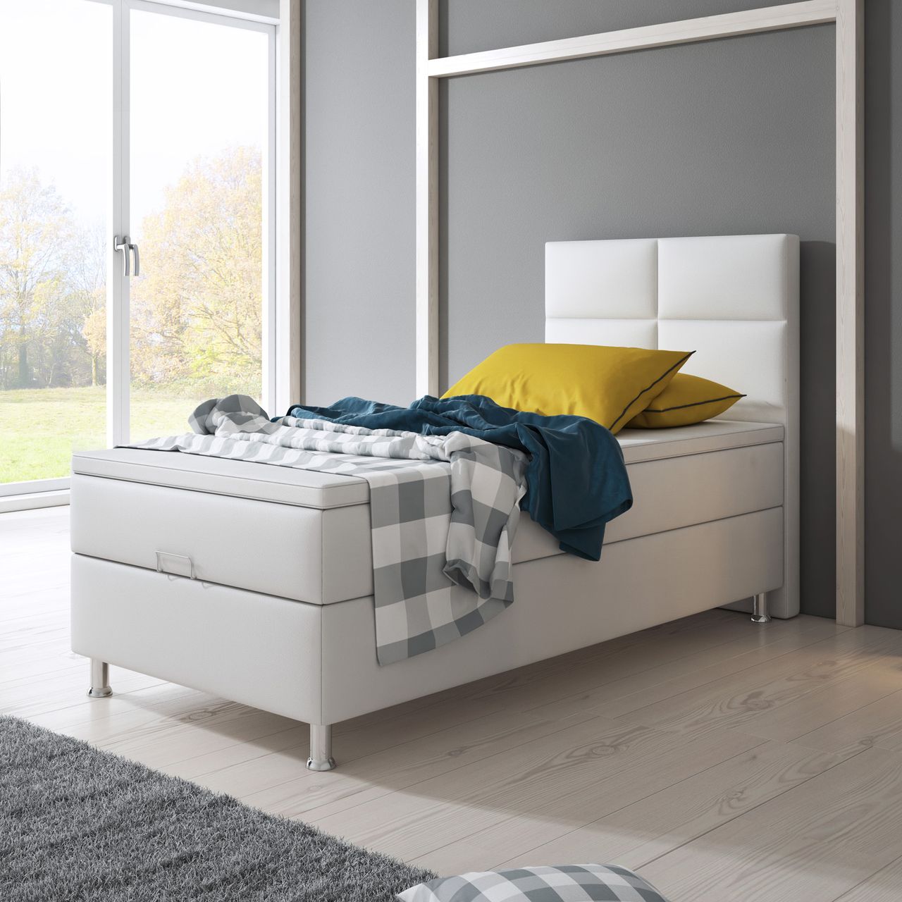 IHG Boxspringbett Miami mit Bettkasten 90x200 cm Kunstleder Weiß