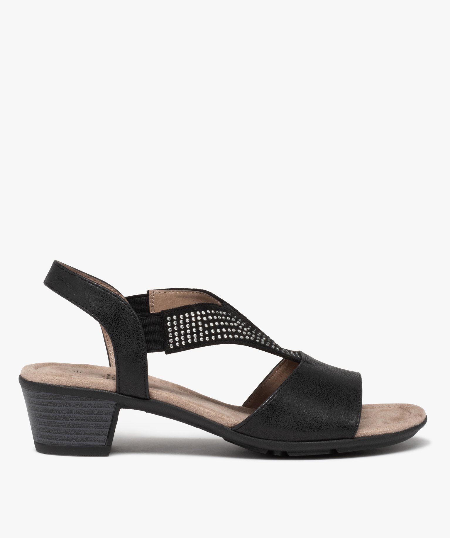 Sandales femme confort à talon et brides élastiques à strass noir | GEMO