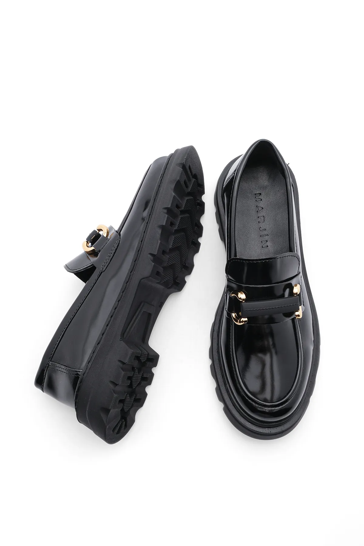 Marjin  Damen Loafer Hohe Sohle Schnalle Freizeitschuhe Kinles Schwarz