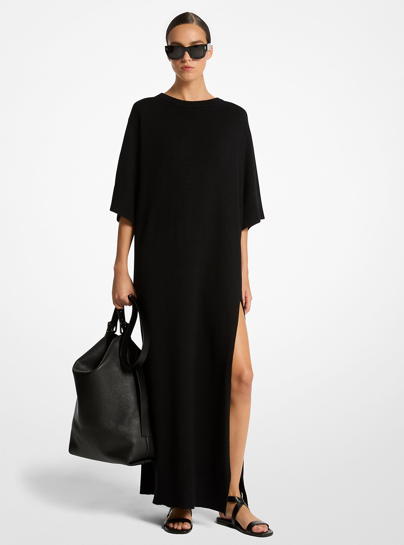 Cashmere and Linen Slit Caftan - BLACK