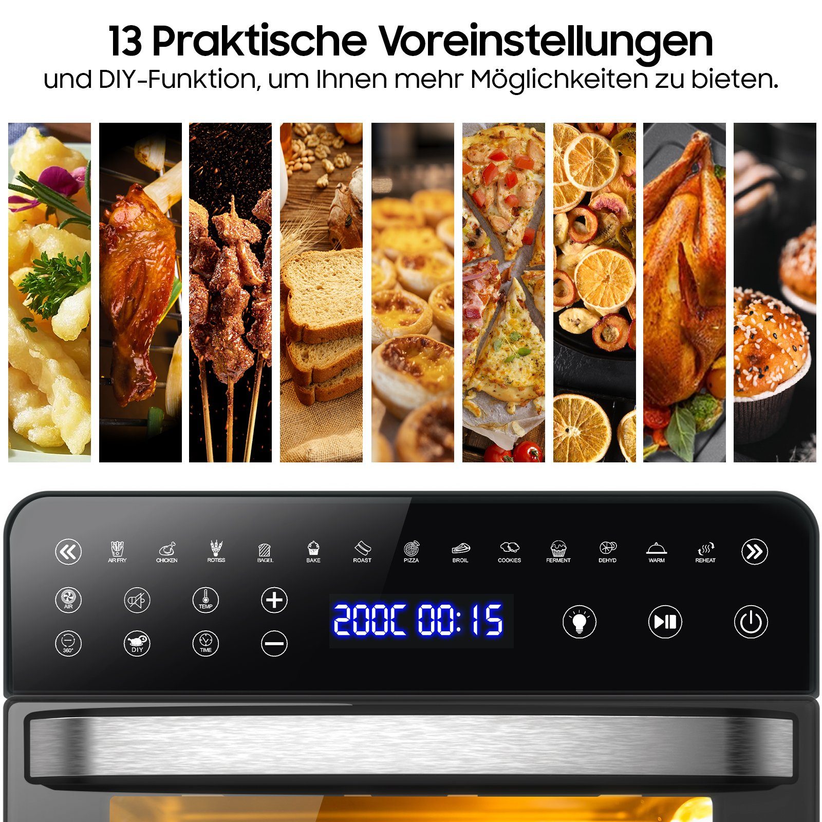 iceagle Heißluftfritteuse Heißluftfritteuse 15L, Heißluft-Backofen mit 13 Programme, 1800,00 W