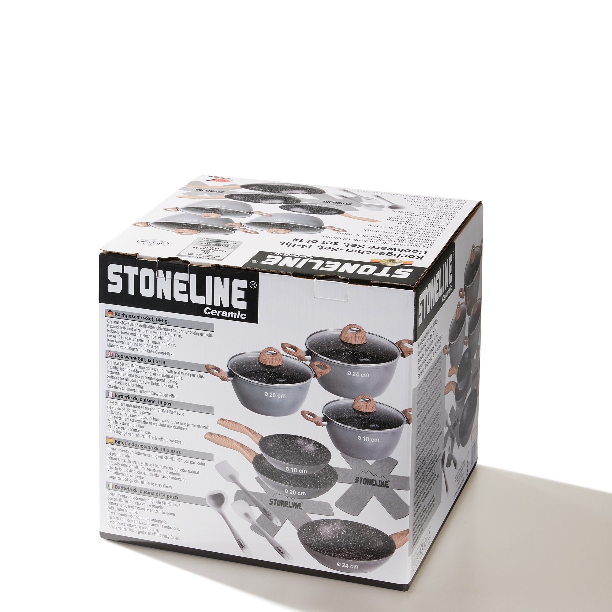 STONELINE Topf-Set Kochgeschirr-Set, 14-teilig, mit Griff in Holzoptik und Glasdeckeln, Aluminium, Keramik (Kochgeschirr-Set, 14-tlg., Kochgeschirr-Set, 3x Kochtopf, 3x Bratpfanne, 3x Glasdeckel, Zubehör), mit echten Steinpartikeln, induktionsgeeigne