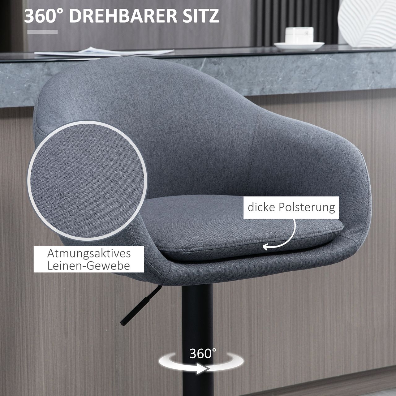 HOMCOM Barhocker 92-112cm Höhenverstellbarer Barstuhl mit Leinenoptik Dunkelgrau