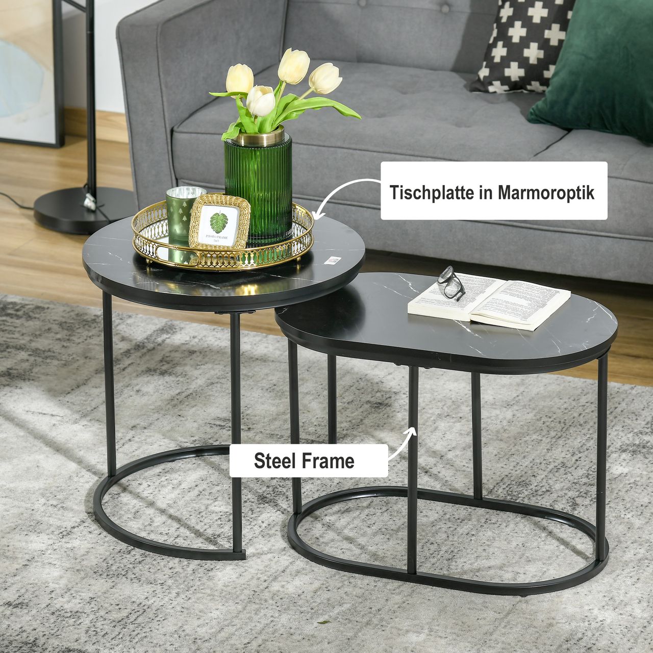 HOMCOM 2er Set Couchtisch Satztisch Rund mit Faux Marmor Seite bis 30 kg Schwarz