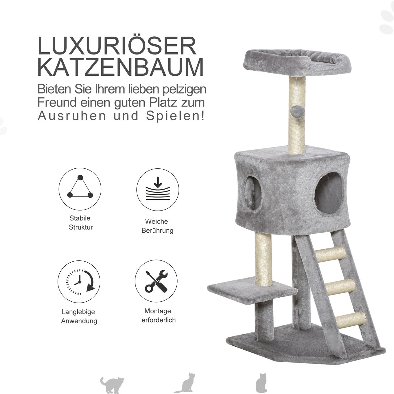 PawHut Kratzbaum mit Katzenhöhle Leiter Katzenbaum Kletterbaum für Katzen Mehrstufiges Multiaktivitätszentrum E1 MDF Sisal Hellgrau 60 x 48 x 122 cm