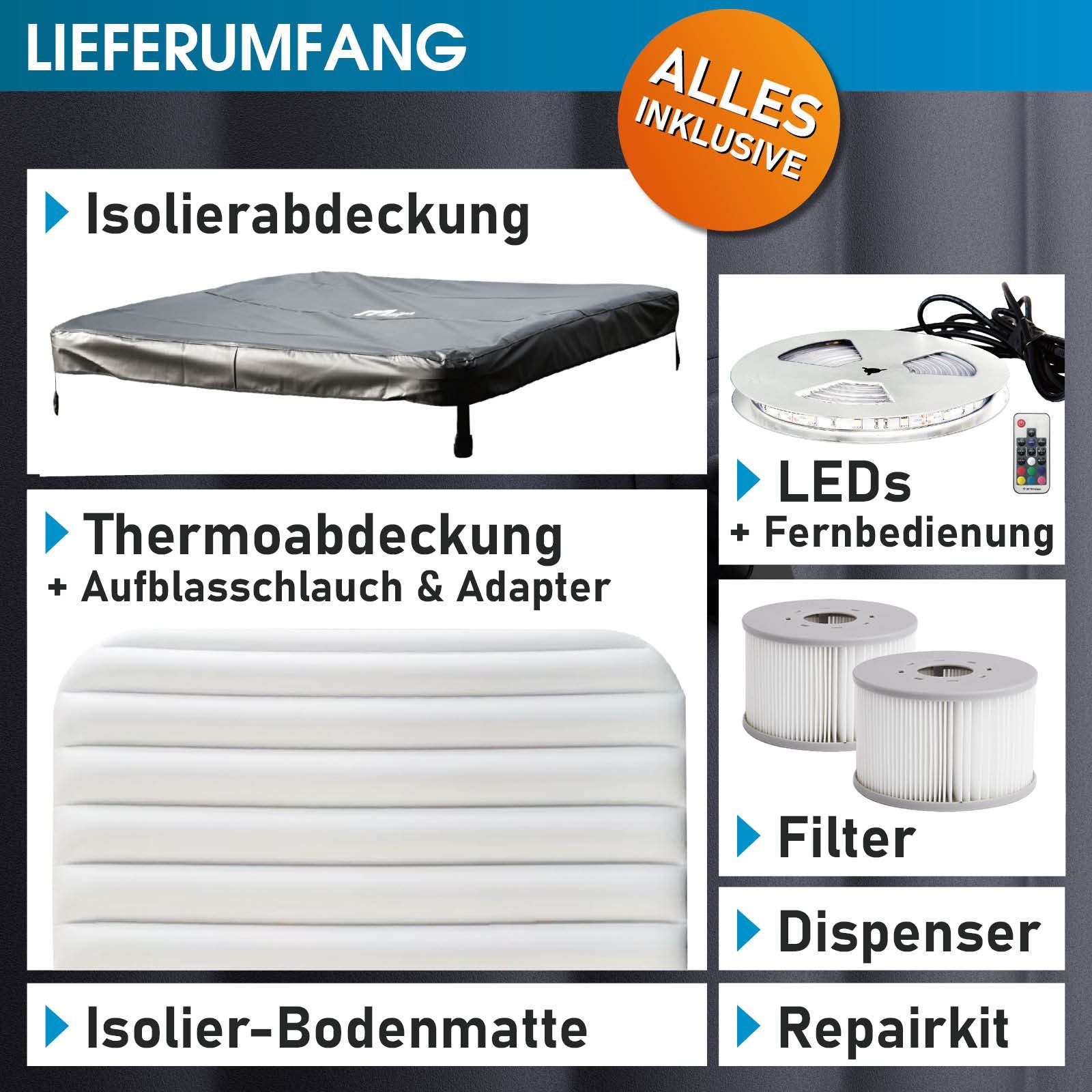 BRAST Whirlpool MSpa Oslo mit Fester Außenwand, LED-Beleuchtung mit 20 Farben, (für 6 Personen, 160x160x65cm, 120 Massagedüsen), Ganzjähriger Einsatz Winterfest, In & Outdoor Pool