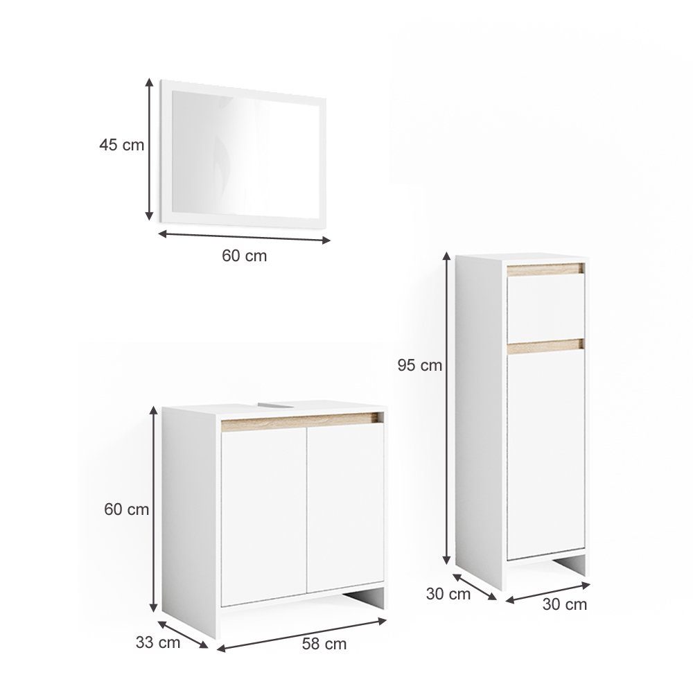 Vicco Badmöbel-Set Badezimmerset EMMA Weiß / Sonoma Set 2, (3-er Set, 3-St., 3-er Set)