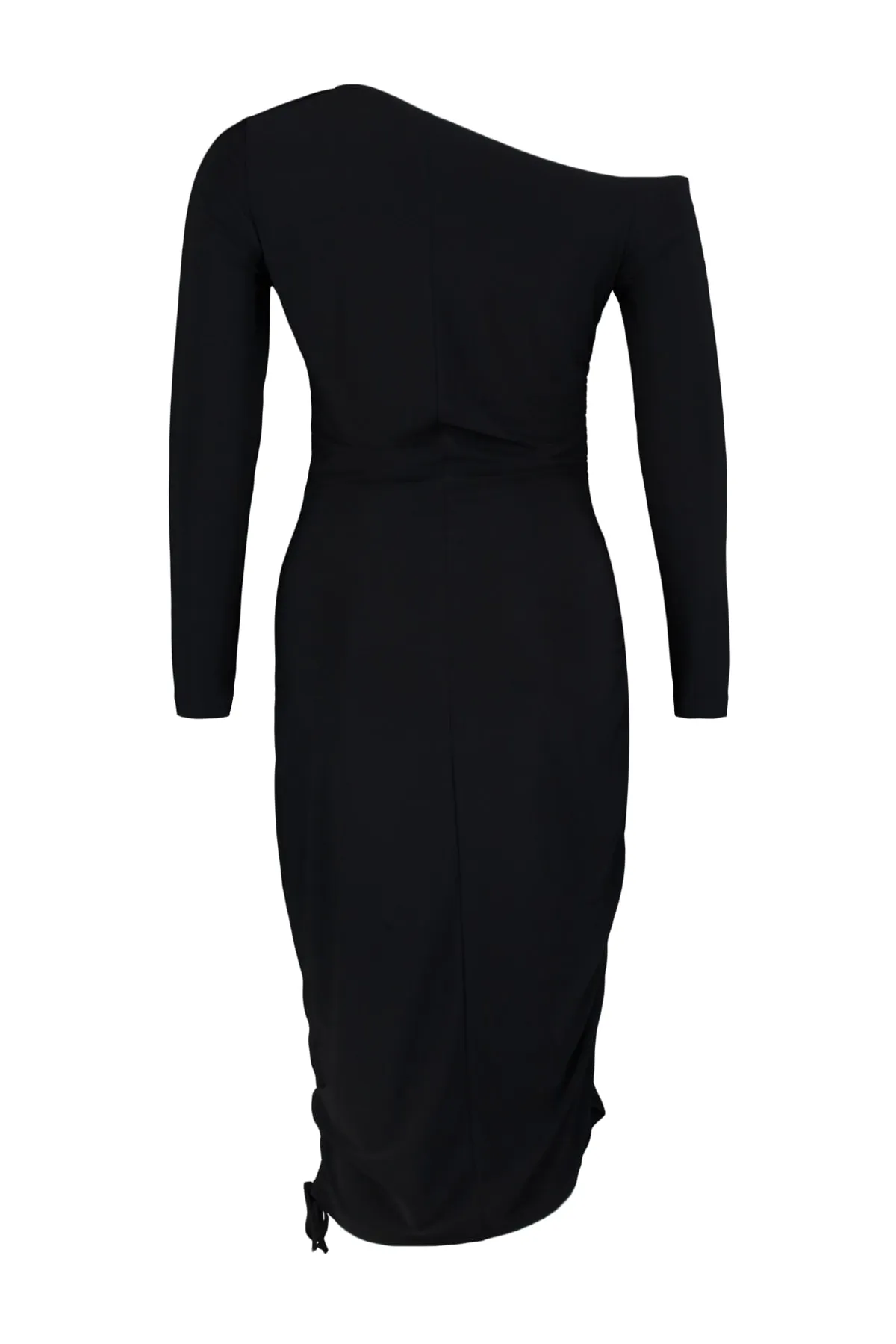 Trendyol Curve  Schwarzes Strickkleid mit asymmetrischem Kragenausschnitt, detaillierten seitlichen Raffungen TBBAW23AH00049