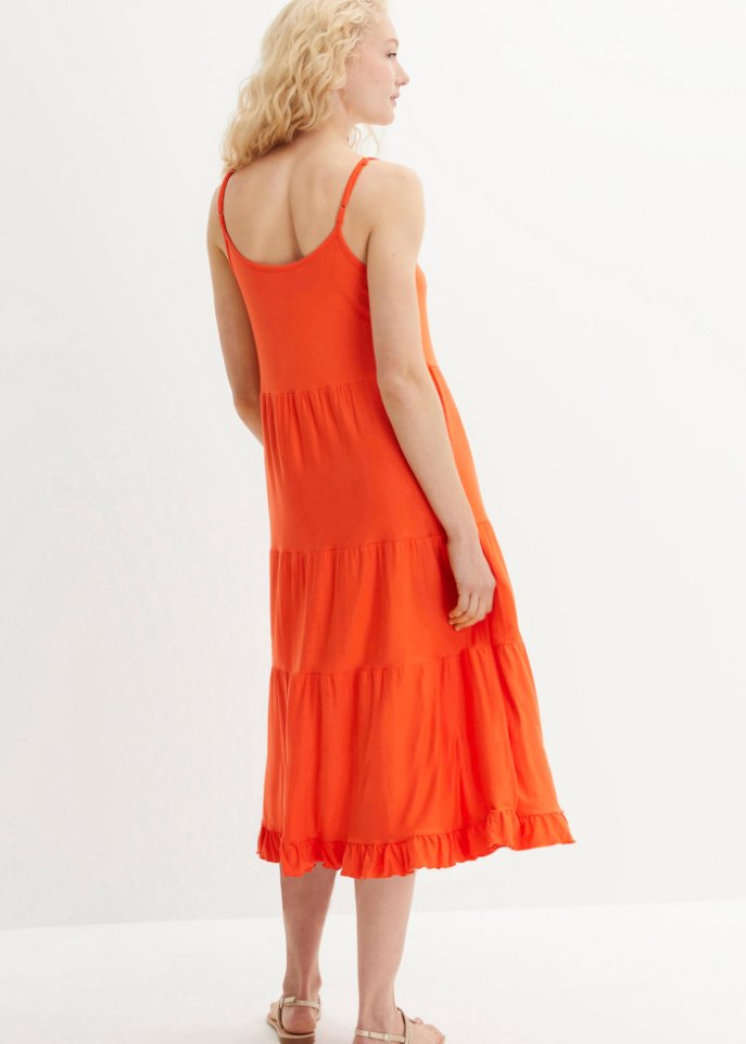 Shirtkleid mit Volants und verstellbaren Spaghetti-Trägern in Midi-Länge, A-Line