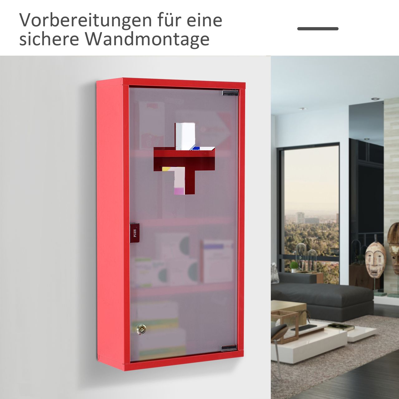HOMCOM Medizinschrank Arzneischrank Medikamentenschrank mit 3 Ebenen Erste-Hilfe-Schrank mit Schloss Apothekerschrank mit Mattglastür Stahl Rot 27 x 57 x 12 cm