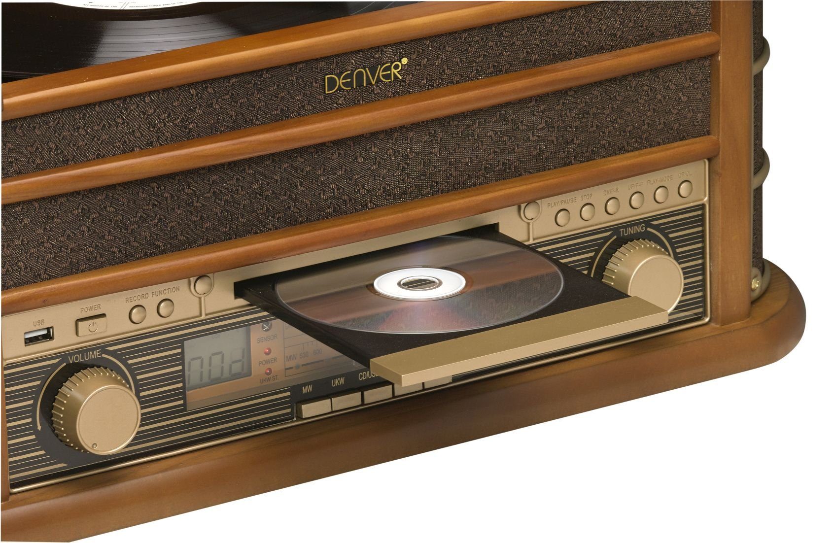 Denver MCR-50MK2 Retro Plattenspieler aus Holz mit Radio Kassette Soundbox Radioplattenspieler (Riemenantrieb, CD Player mit MP3 Wiedergabe, USB für MP3 Wiedergabe und Aufnahme, Kassettendeck auf der Seite des Geräts, AM/FM Radio mit Antenne, LCD Dis
