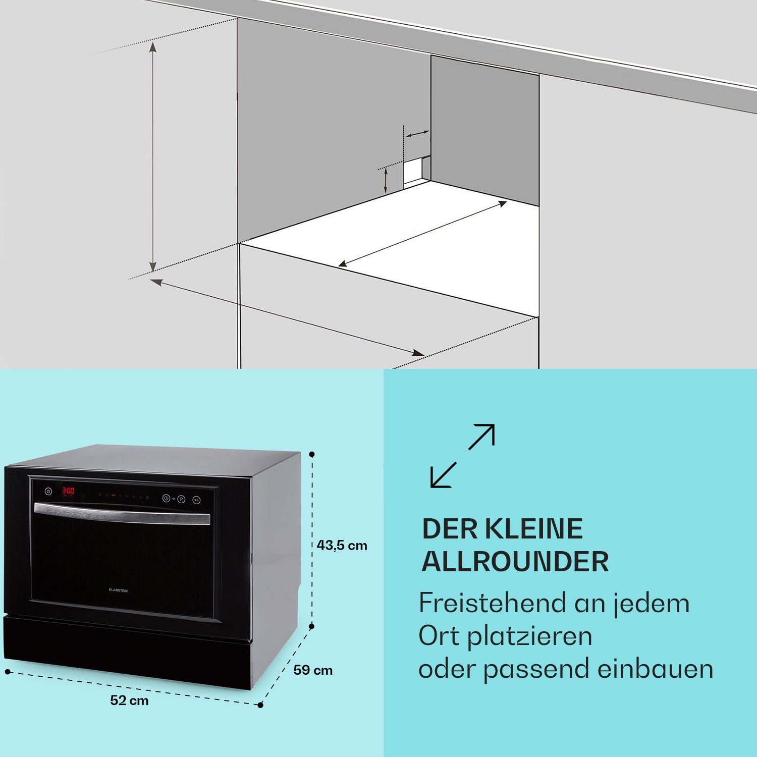Klarstein Standgeschirrspüler Havasia UV 8 Neo Tischgeschirrspüler UV-Licht freistehend / Einbau 1380W, 10041830, 6.5 l, Spühlmaschine 55 cm freistehend oder einbaufähig schwarz