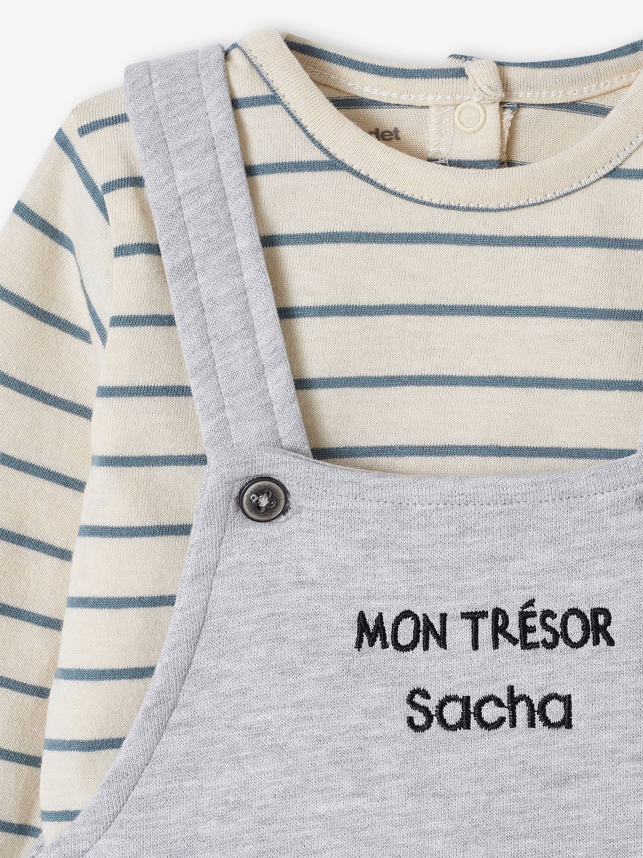 Vertbaudet Baby Set MON TRÉSOR: Shirt & Latzhose, personalisierbar Oeko-Tex - graublau