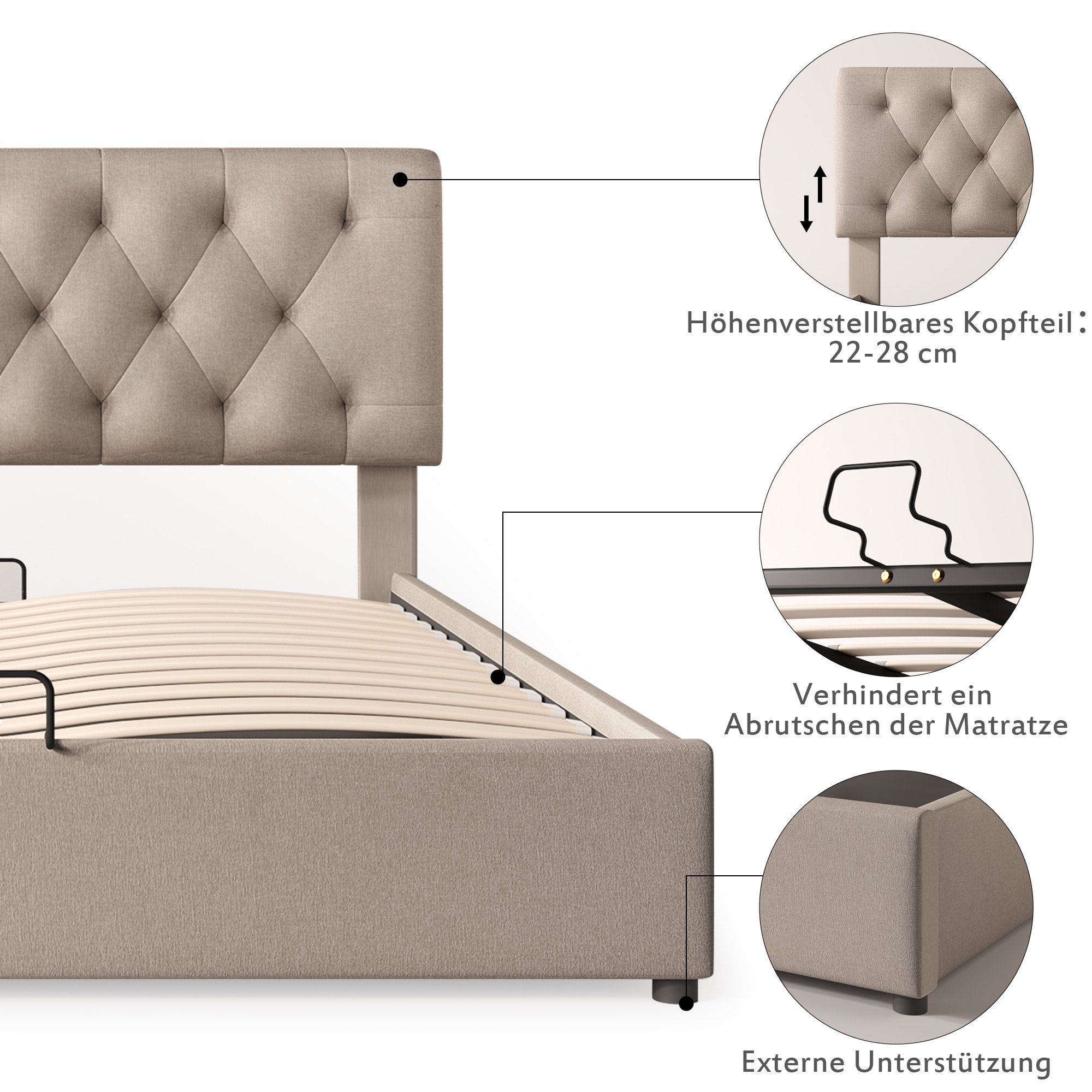 PHOEBE CAT Boxspringbett (Polsterbett mit Lattenrost und Bettkasten, verstellbarem Kopfteil), 140x200 cm Hydraulisches Doppelbett, Bezug aus Leinen, Kiefernholz
