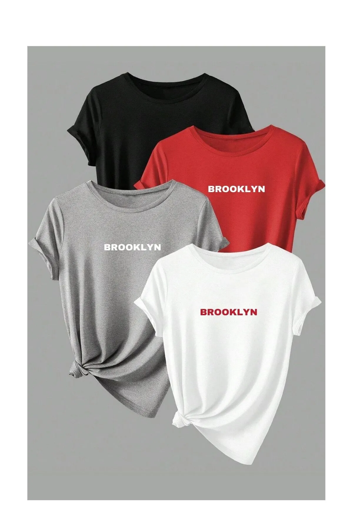 Know  Unisex 4er Pack Brooklyn Printed Oversize T-Shirt Weiß Grau Rot Schwarz