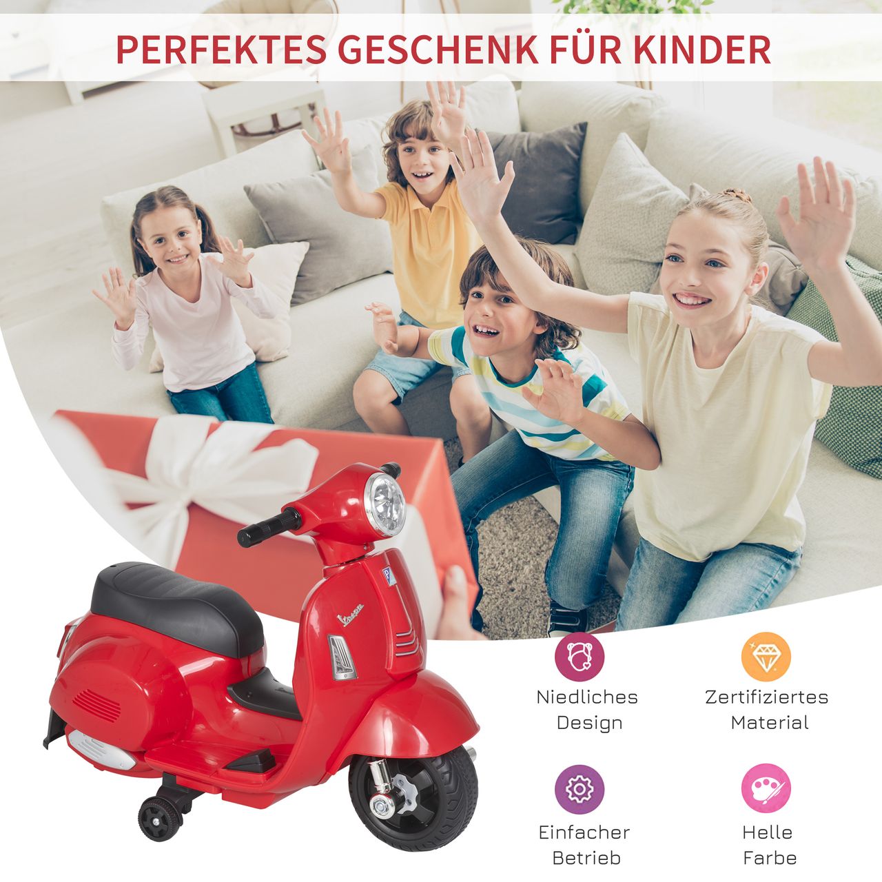 HOMCOM VESPA Elektromotorrad Kindermotorrad Elektrofahrzeug 18-36 Monate 3 km/h LED-Licht Sound PP-kunststoff Metall Rot 66,5 x 38 x 52 cm