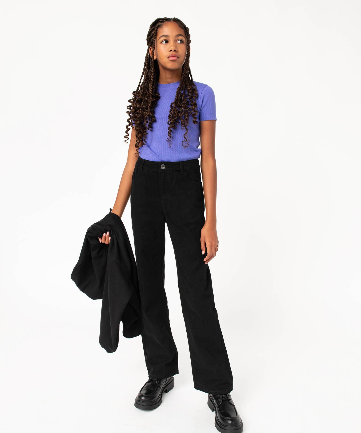 Pantalon en toile coupe large à taille haute fille noir | GEMO