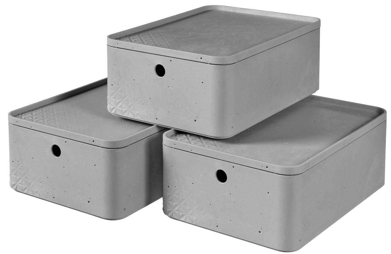 Curver 3-er Set BETON Box M mit Deckel hellgrau