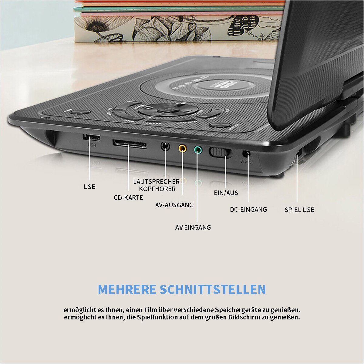 Yoyaxi Tragbarer 9-Zoll-3D-TV-VCD-HD-DVD-Player Portabler DVD-Player (LCD 270° schwenkbarer Bildschirm, Spiel-Joystick, VCD, USB)