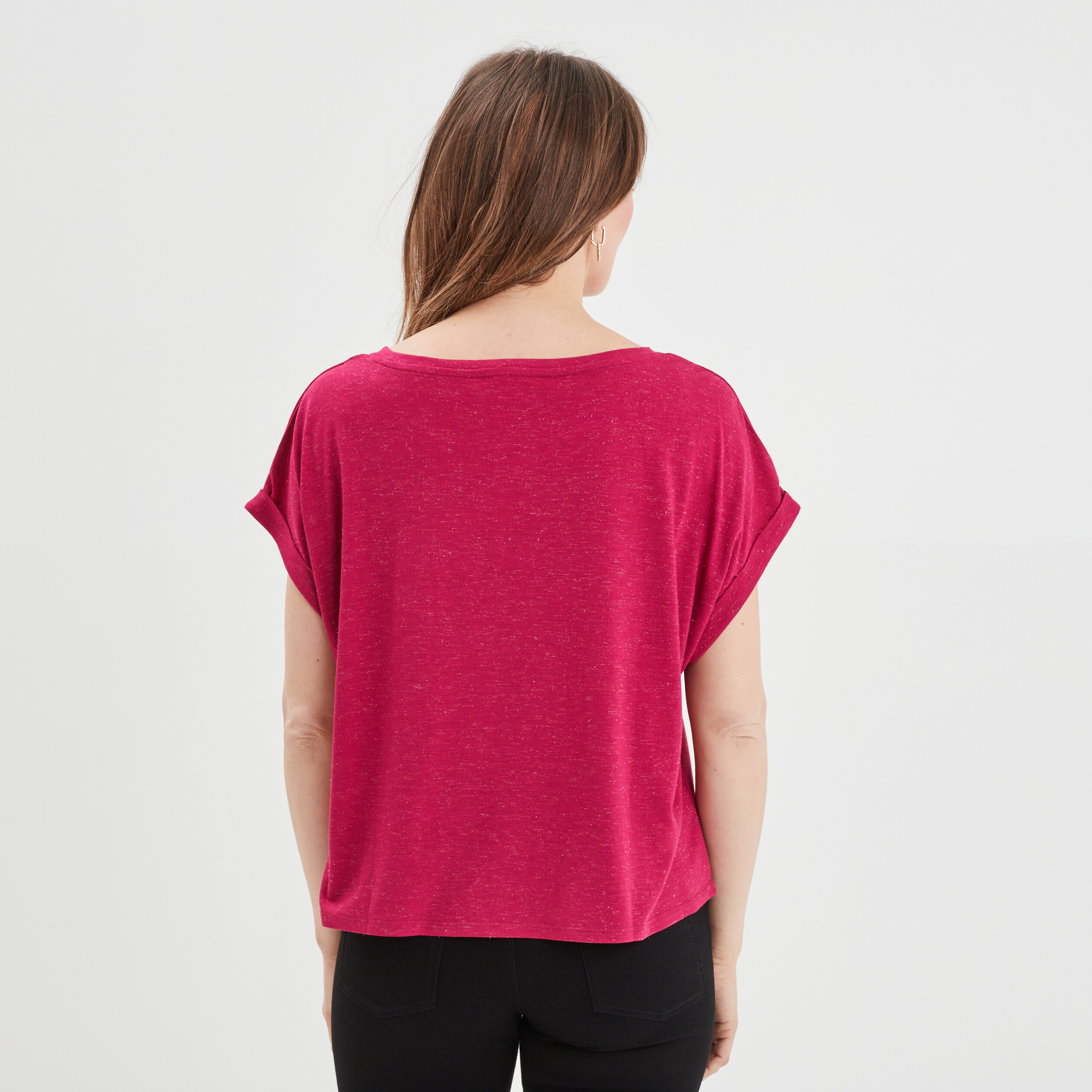 T-shirt manches courtes fils métallisés rose framboise femme | La Halle