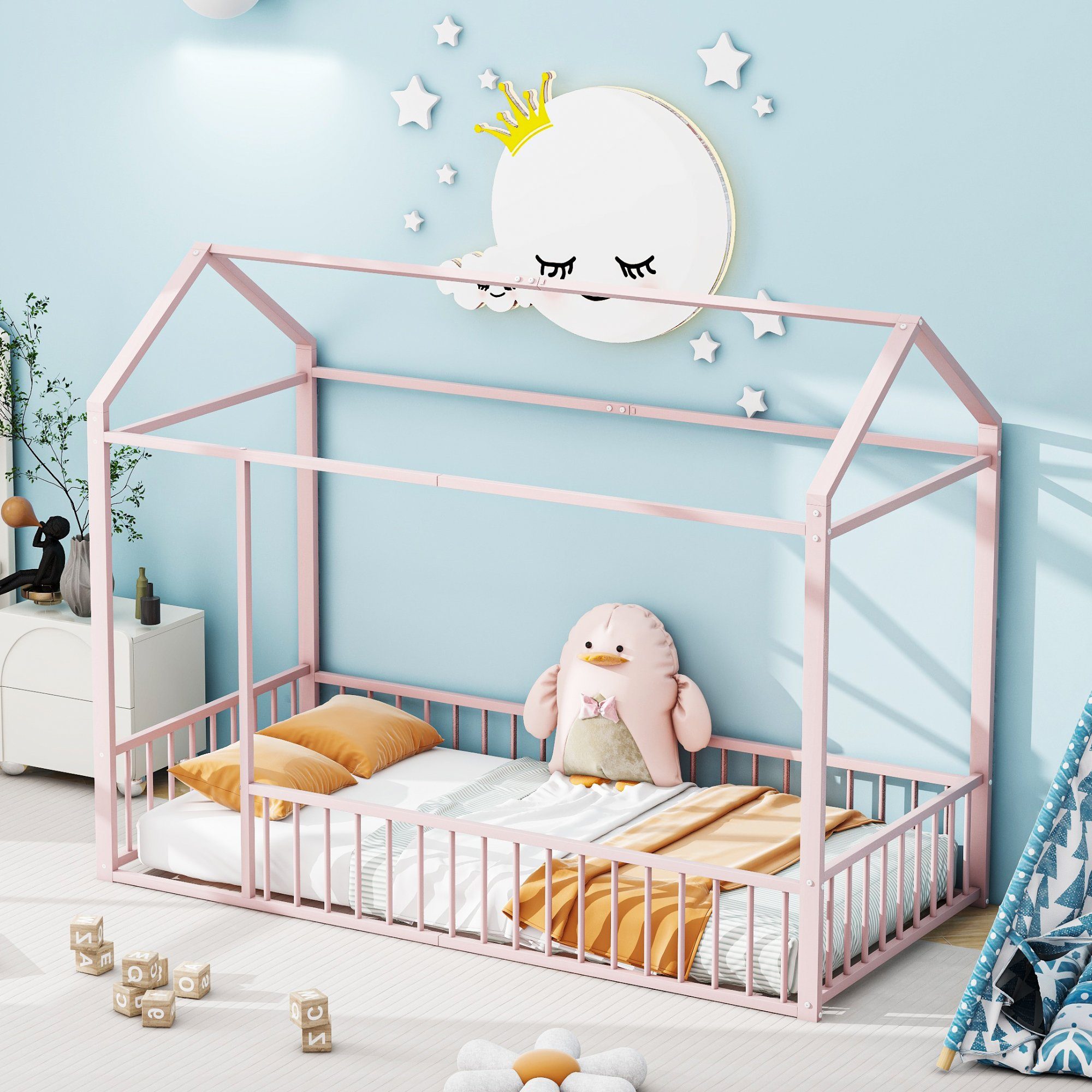 Celya Metallbett Kinderbett Hausbettrahmen mit Zaun für Kinder, Teenager, Mädchen, Jungen, 90 x 200cm, Rosa