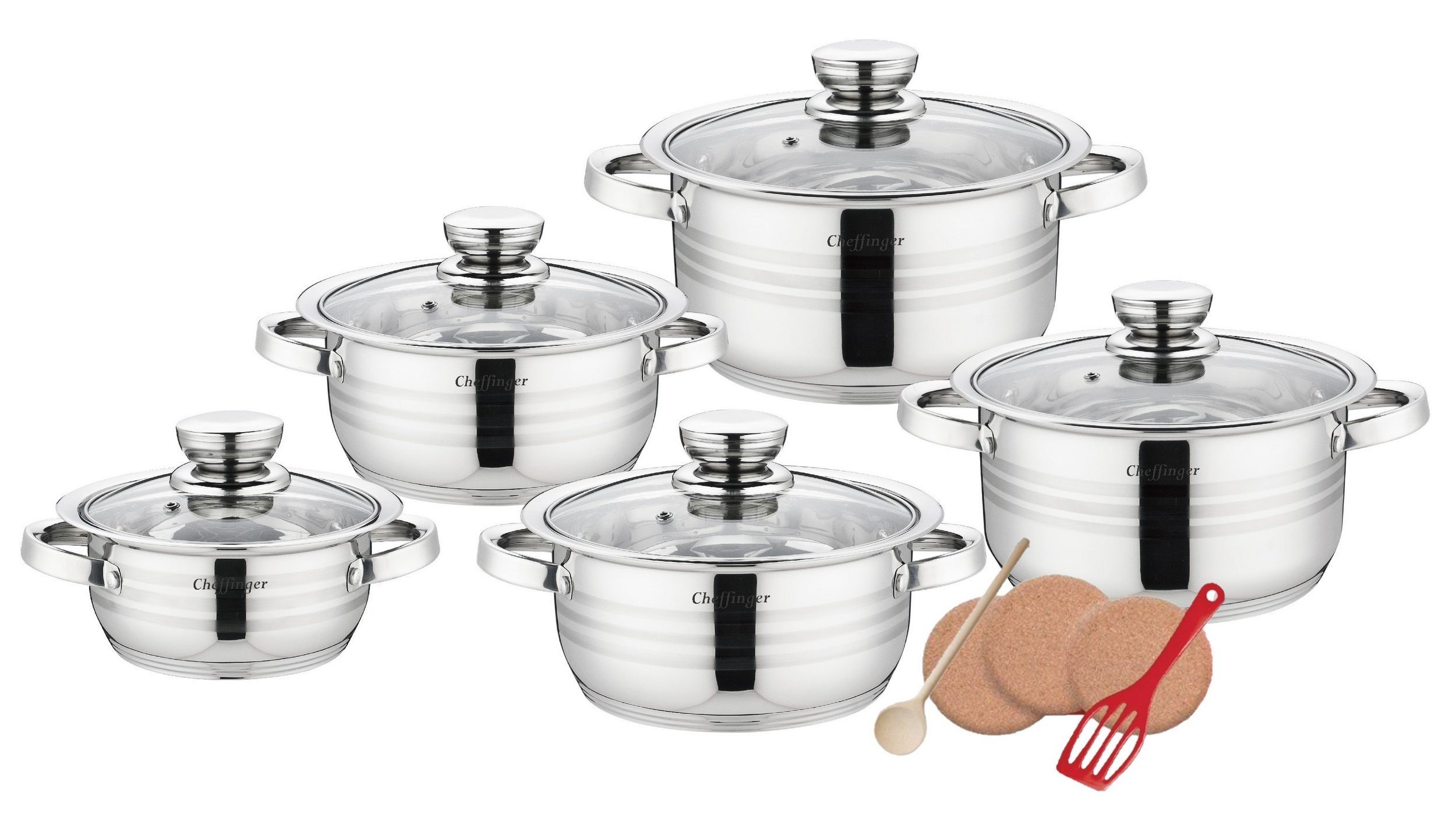 KESSMANN Topf-Set Edelstahl Induktion Topfset 5 Töpfe + 5 Glasdeckel + Inkl. Zubehör, Edelstahl 18/10 (Set, 15-tlg., 1 Pfannenwender + 3 Kork-Untersetzer + 1 Holzlöffel Antihaft rostfrei), Induktionsherd Fleischtopf Kochtopf Schmor Pfanne Brattopf Br