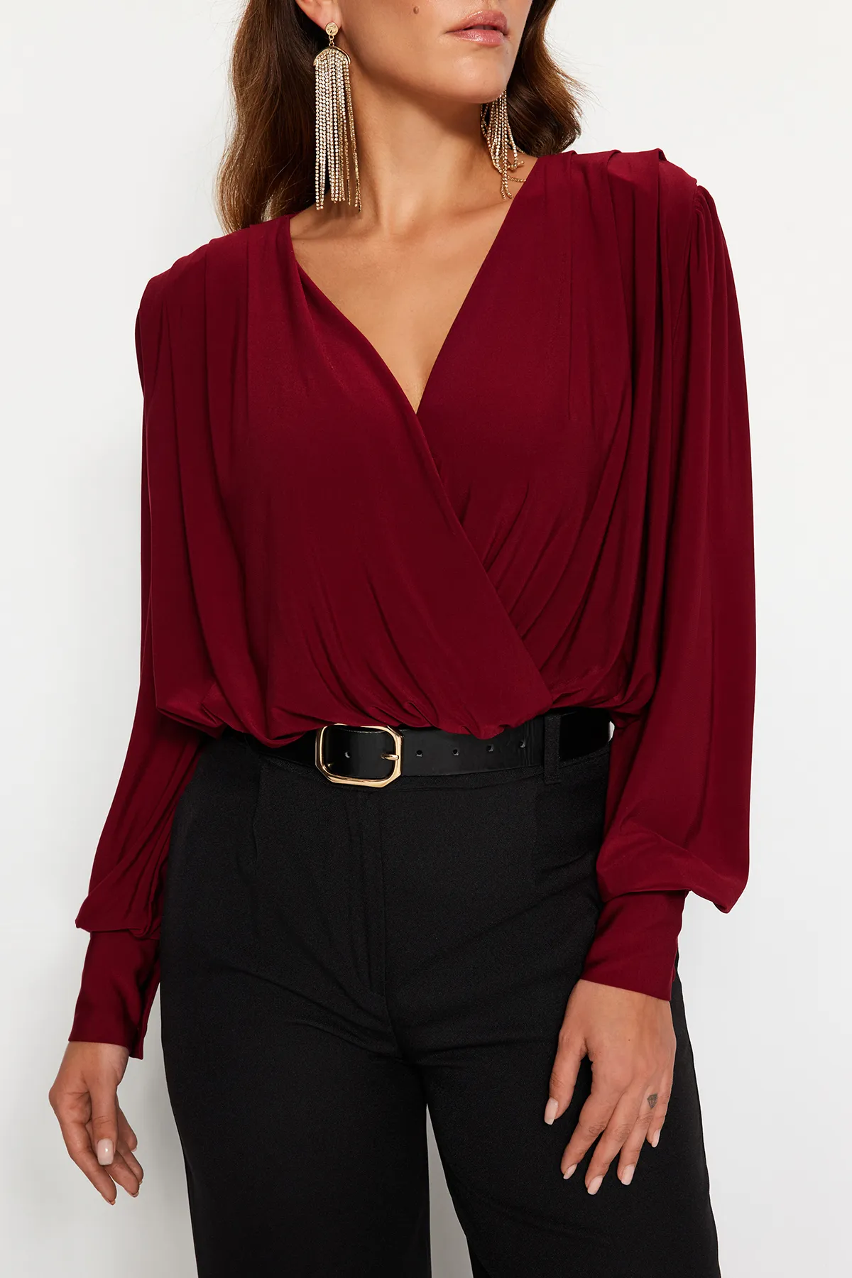 Trendyol Collection  Dunkelroter Wickel-Strickbody mit Druckknöpfen TPRSS21BD0029