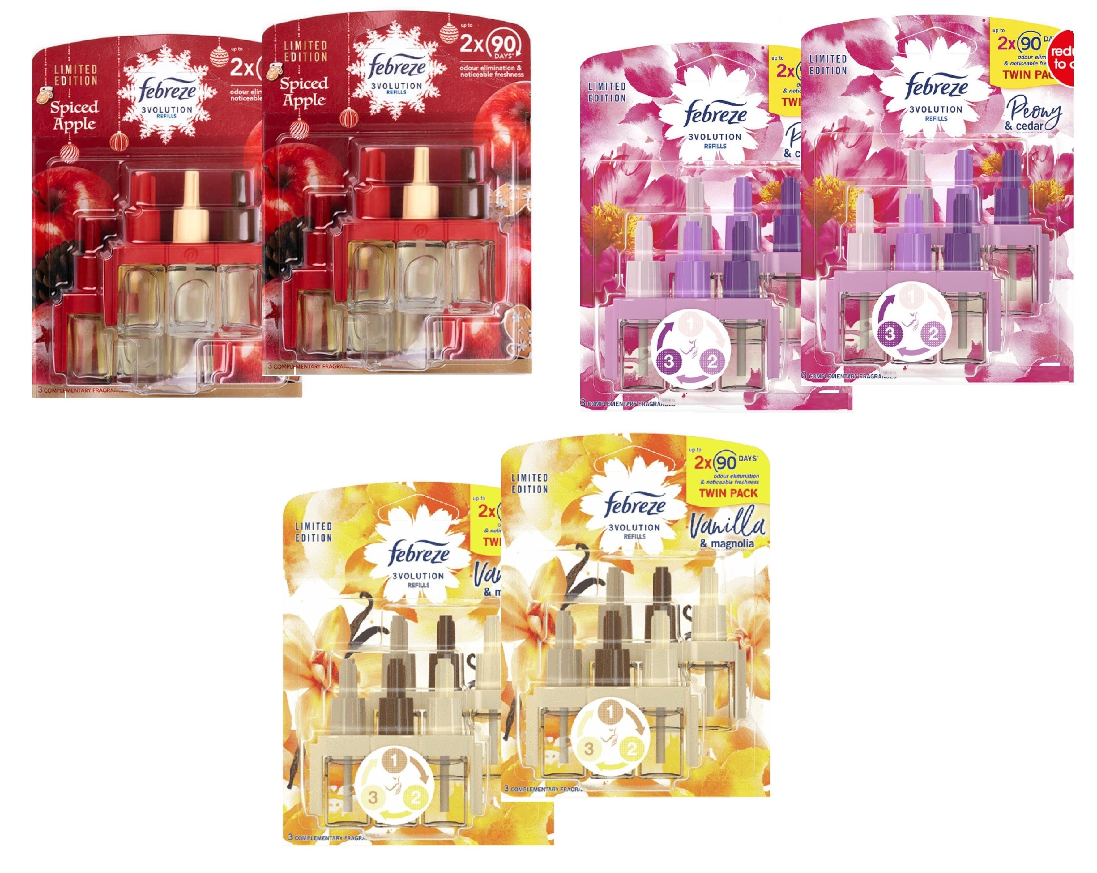 Febreze Raumduft Raumduft 3x2er MIX Spiced Apple Peony Cedar Vanilla & Magnolia (Duftölflakon Gewürzapfel Vanilla & Magnolia Pfingstrose & Zedernholz Beeren Nachfüller Duftöl Fruchtig Würzig Febreze 20ml je Flasche Aromatherapie Duftölflakon Flakon D