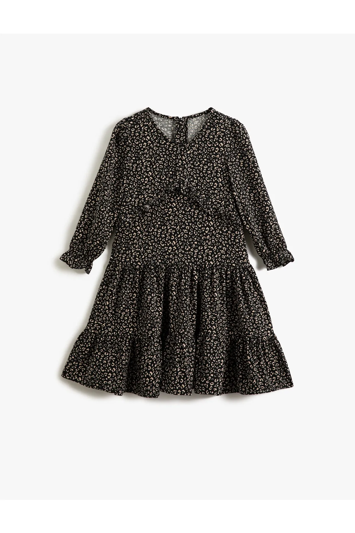 Koton  Rüschenkleid mit Leopardenmuster, lange Ärmel, V-Ausschnitt und elastische Bündchen