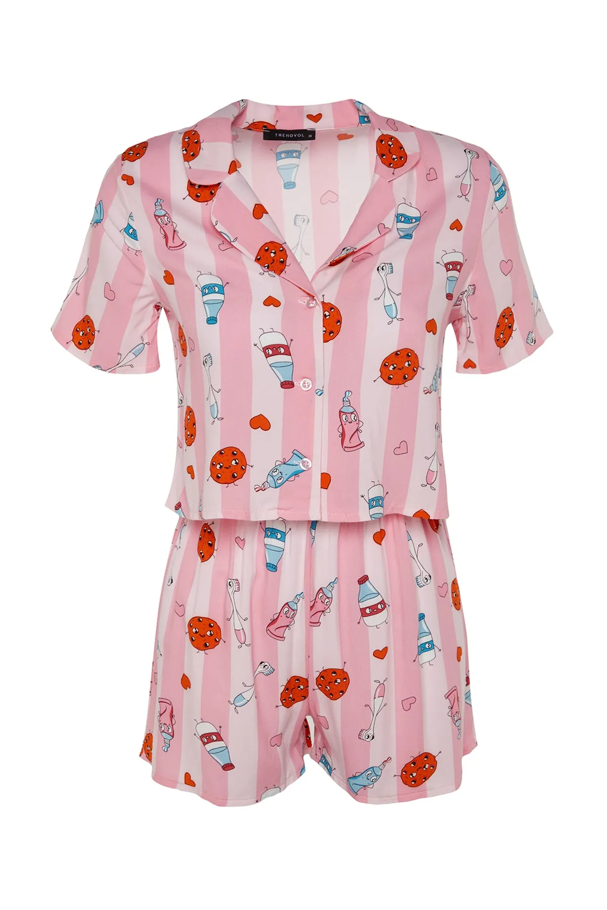 Trendyol Collection  Mehrfarbiges, lustig gemustertes Viskose-Hemd-Shorts-Webpyjama-Set THMSS22PT0069