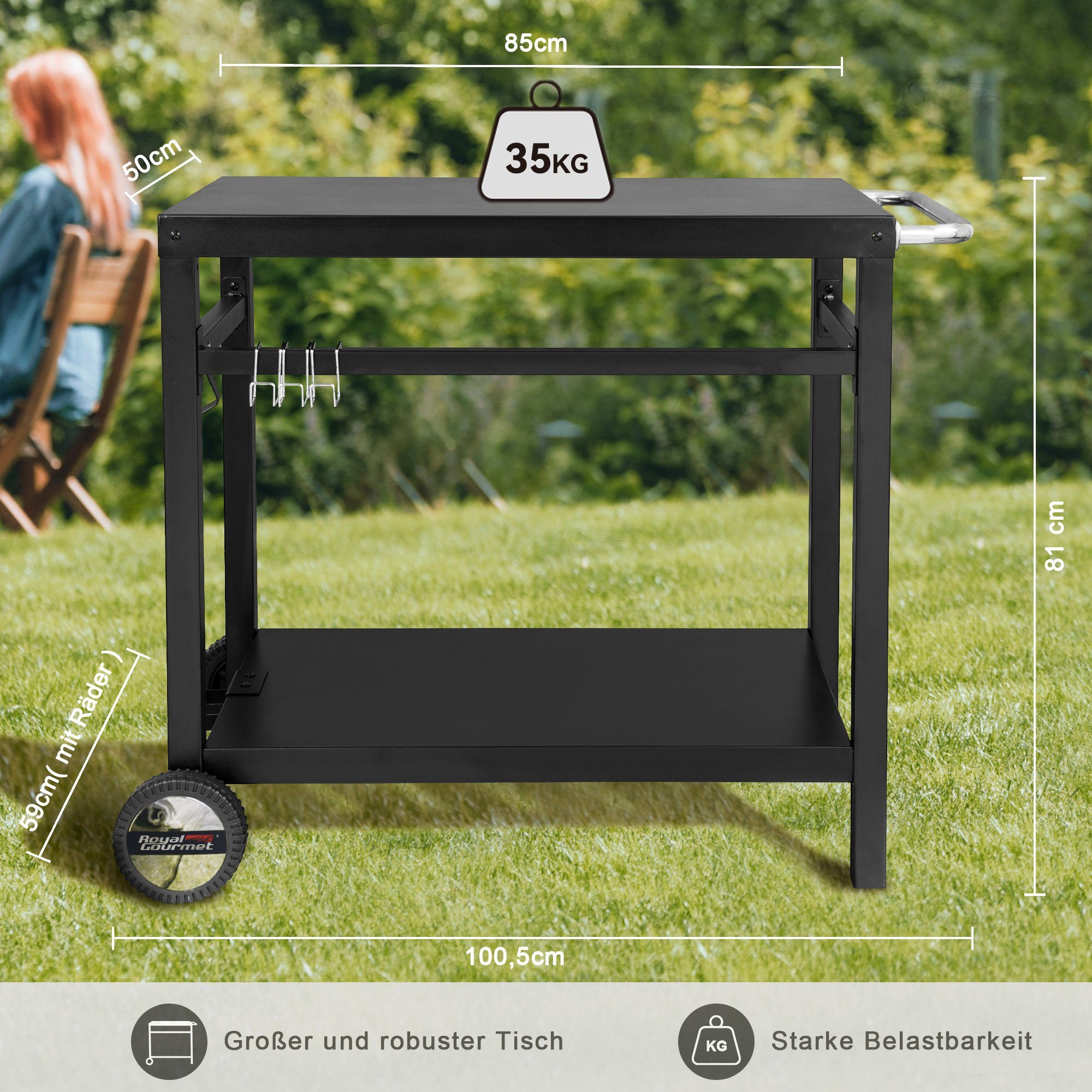 Royal Gourmet Grillablagetisch Outdoor Grilltisch Rollwagen (Grillwagen, Pflanztisch), Produktabmessungen: 100,5 x 59 x 81 cm (LxBxH)