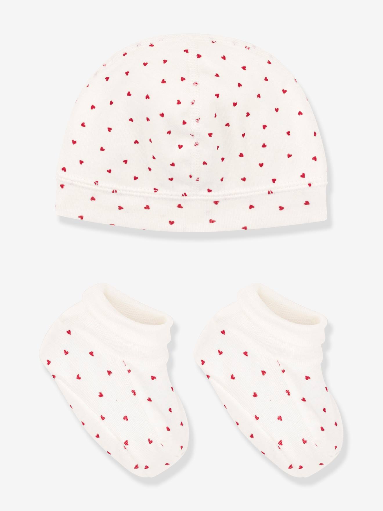 Lot de bonnet et chaussons coeur bébé PETIT BATEAU blanc imprimé