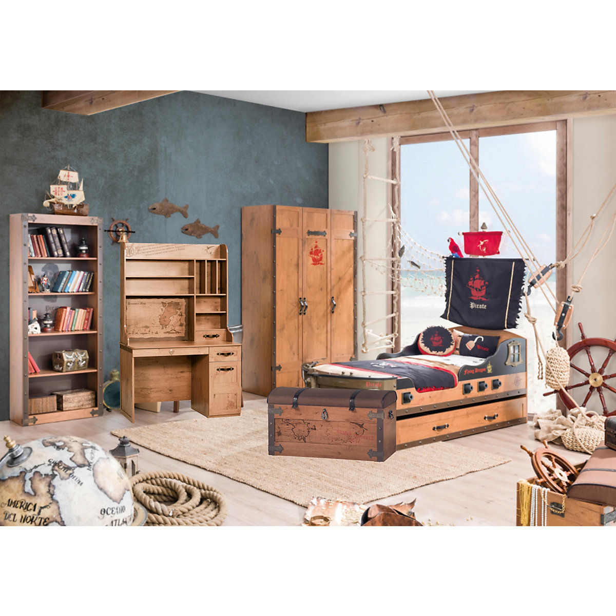 Kinderzimmer 5-teilig mit Piratenbett in Schiffsform inkl. Ausziehbett