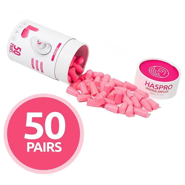 Tapones para los oídos de espuma tubular Haspro, color rosa.