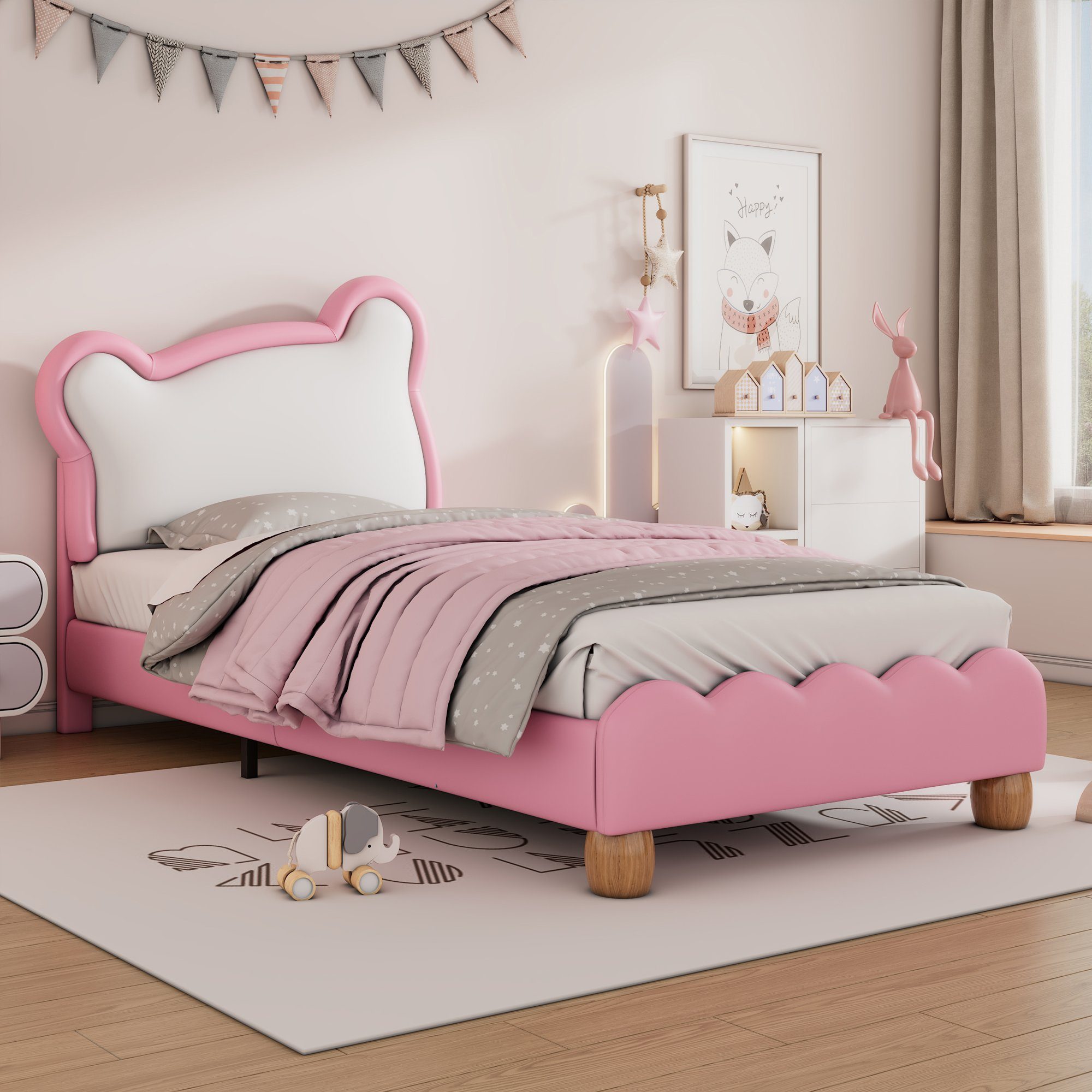 Flieks Polsterbett, Einzelbett Kinderbett 90x200cm mit Bär-Form Kopfteil Kunstlederbezug