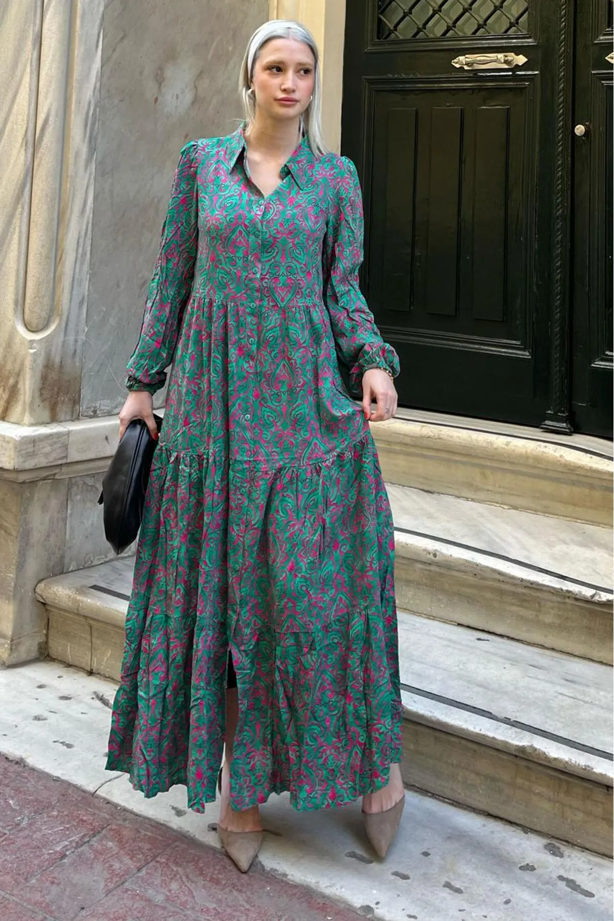 Madmext  Grünes, elastisches, geblümtes Kleid mit halben Knöpfen und Rollkragen, MG2029