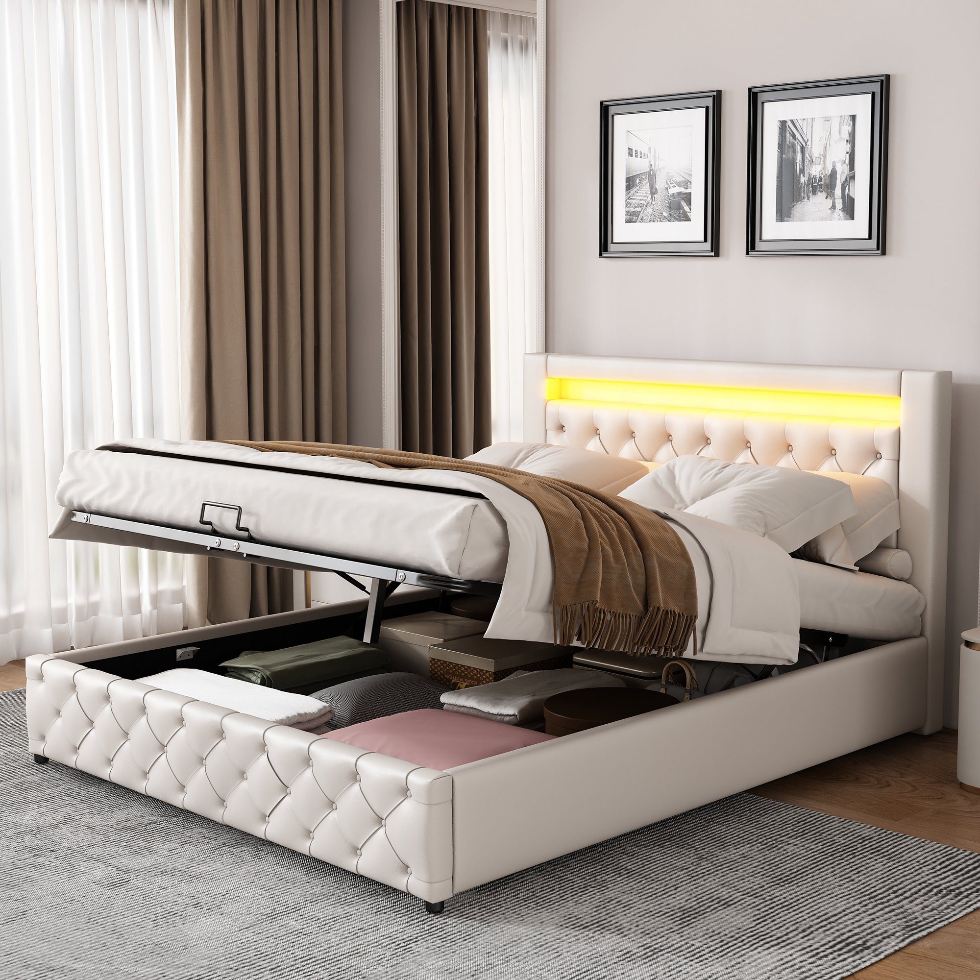 REDOM Polsterbett Polsterbett Doppelbett Stauraumbett Bett mit Lattenrost ohne Matratze (Leder, Hydraulisch 140 x 200 cm/180 x 200 cm), Funktionsbett mit Lattenrost und Stauraum, Mit LED-Beleuchtung