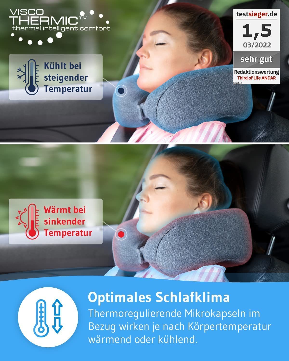 Third of Life Nackenhörnchen Nackenkissen ANDAR aus Visco Schaum, Ergonomisches Reisekissen mit Thermo-Bezug, Für Allergiker geeignet