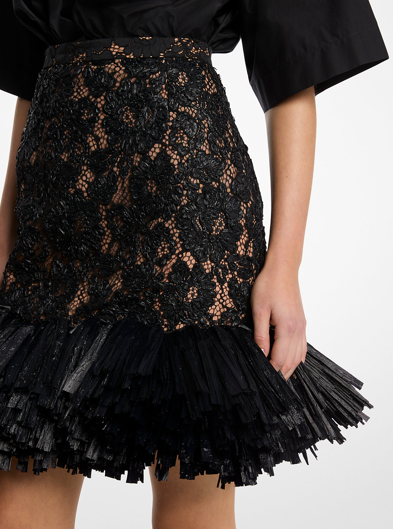 Hand-Embroidered Floral Lace and Fringe Skirt - BLACK
