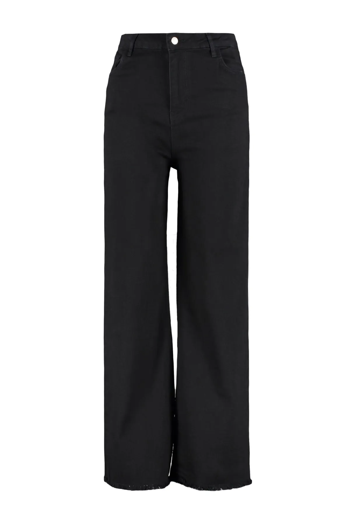 Trendyol Curve  Schwarze High-Waist-Jeans mit weitem Bein und schmutziger Spitze TBBSS23CJ00009