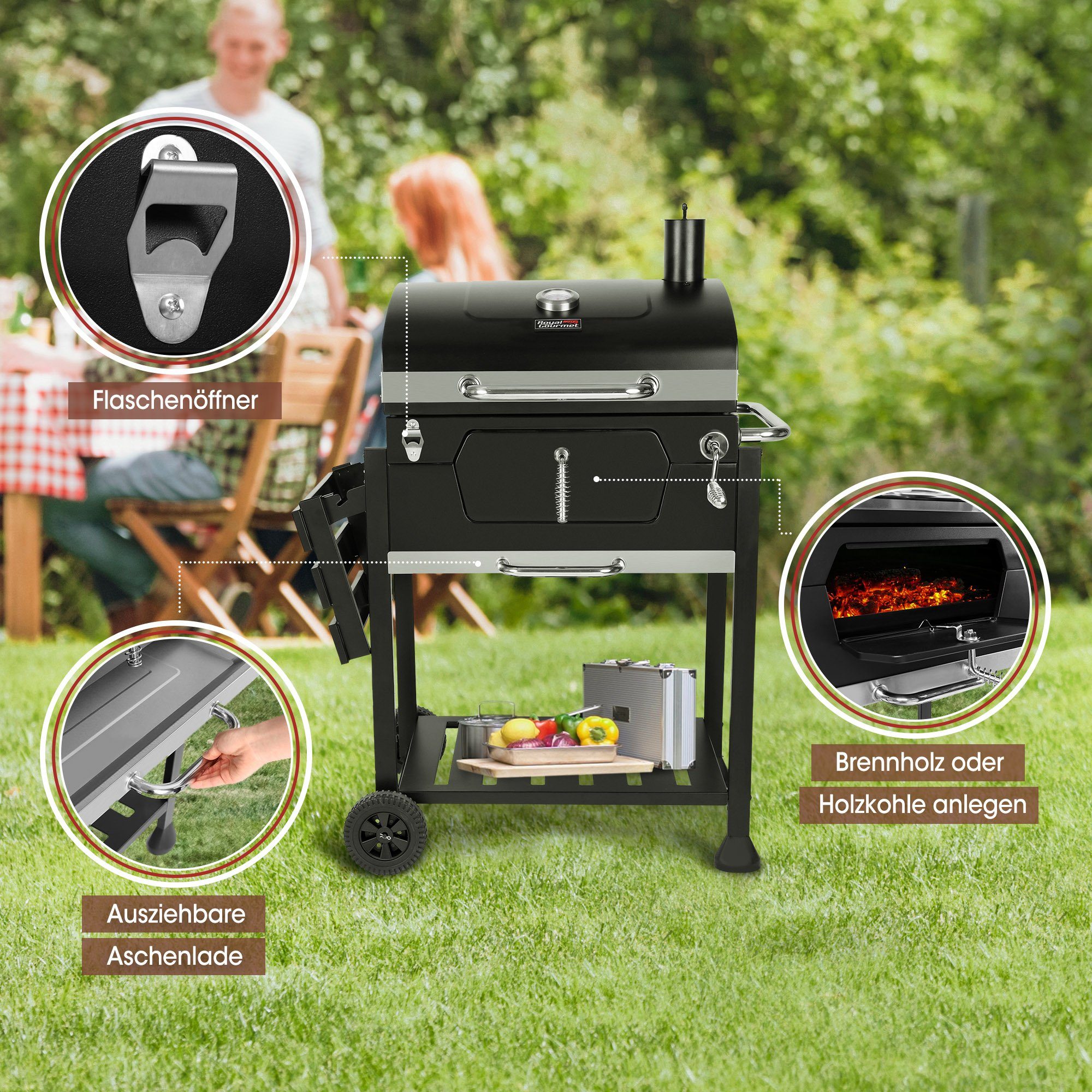 Royal Gourmet Holzkohlegrill, Grillwagen mit Deckel, Standgrill, 100 x 64,5 x 119,5 cm (L x W x H)