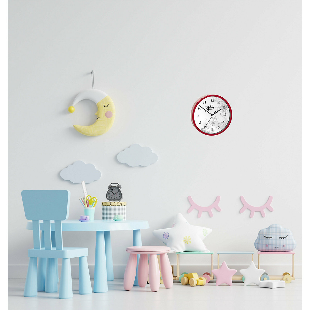Kinder Wanduhr personalisiert mit Name Blumenranke Grau