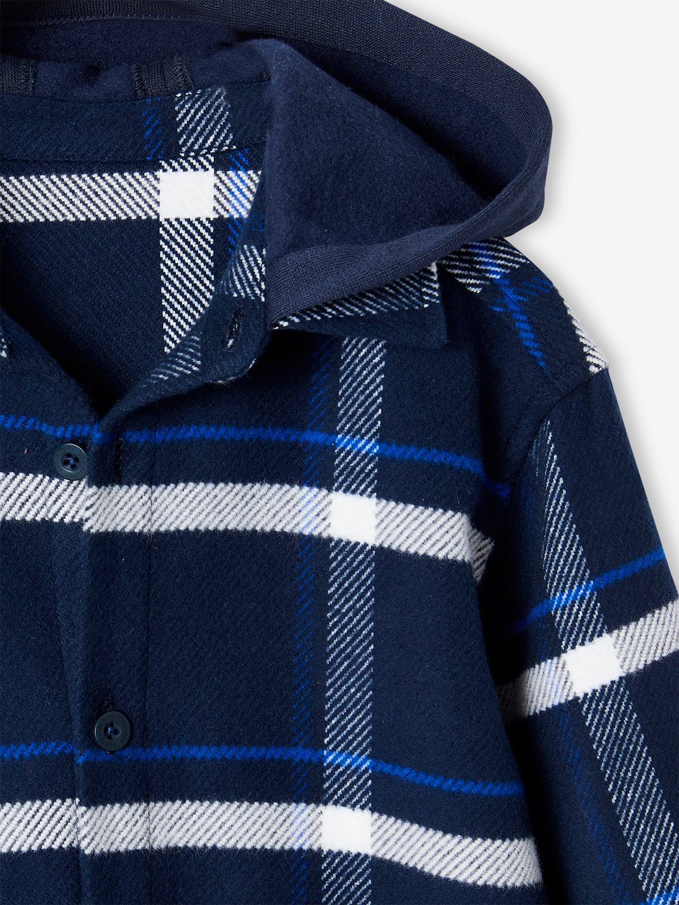 Chemise à capuche à grands carreaux garçon en flanelle marine