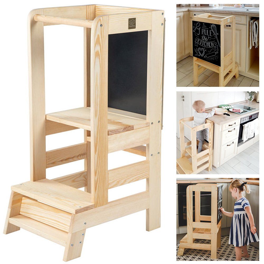 MeowBaby Stehhilfe Lernturm für Kinder Montessori Lernstuhl mit Kreidetafel Dunkelgrau (1 St), Kinderhocker, Höhenverstellbar, Abgerundete Ecken & Kanten