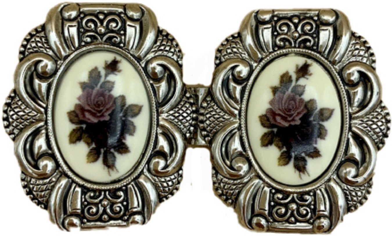 Pezzo D'oro Gürtelschnalle Dirndlschließe mit Rosenmotiv in beere, antiksilber, mittelgroß mit Rosenmotiv