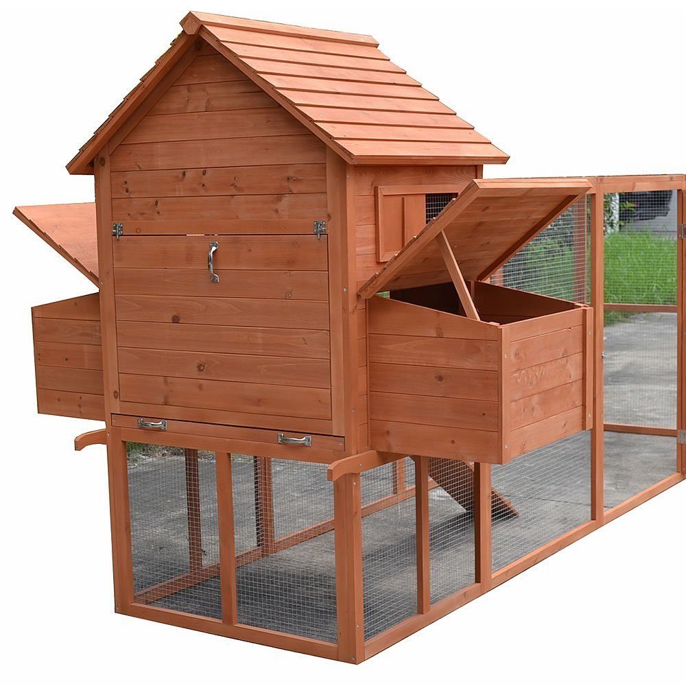 Melko Hühnerstall Geflügelstall Hasenstall Kaninchenkäfig Hühnerhaus XXL aus Holz in Braun mit Gitter, Türen, Freilauf und Überdachung für Hühner & Kleintiere, Freilauf