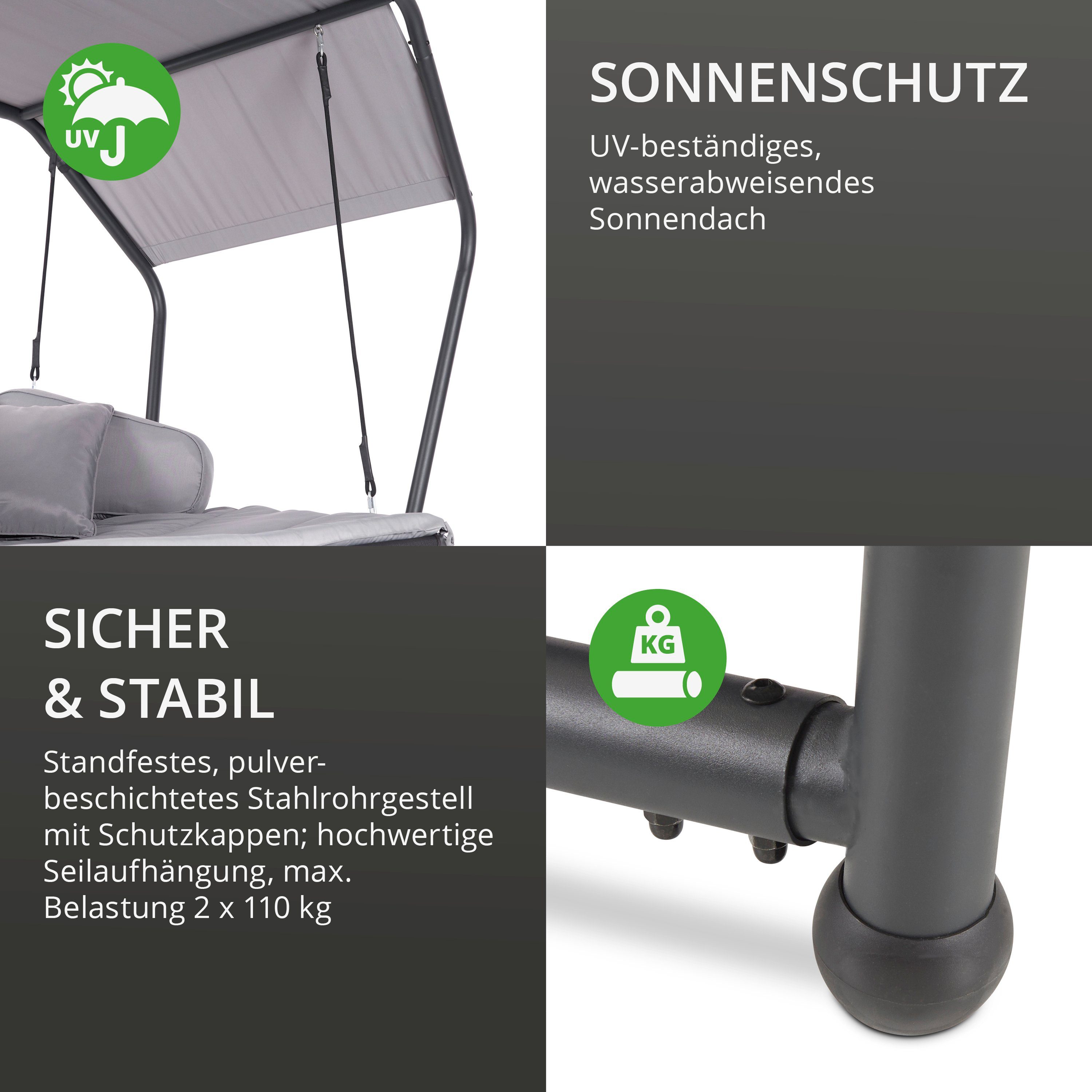 Leco Hollywoodschaukel Laureen, 2-Sitzer, grau, mit Polsterauflage, Kissen und Sonnendach